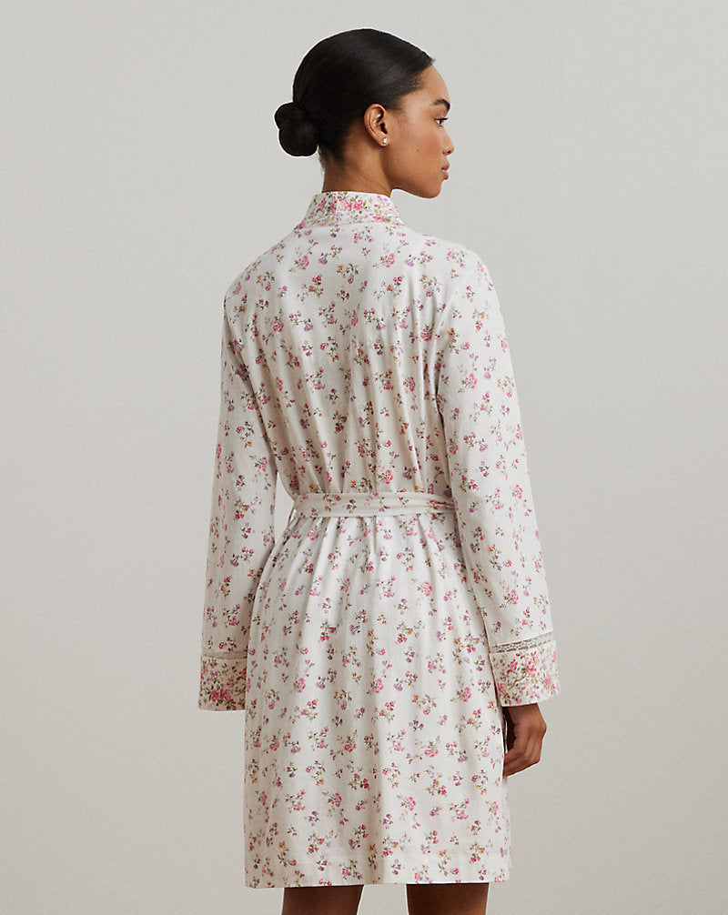 Lace-Trim Floral Cotton Jersey Robe Ivory Floral