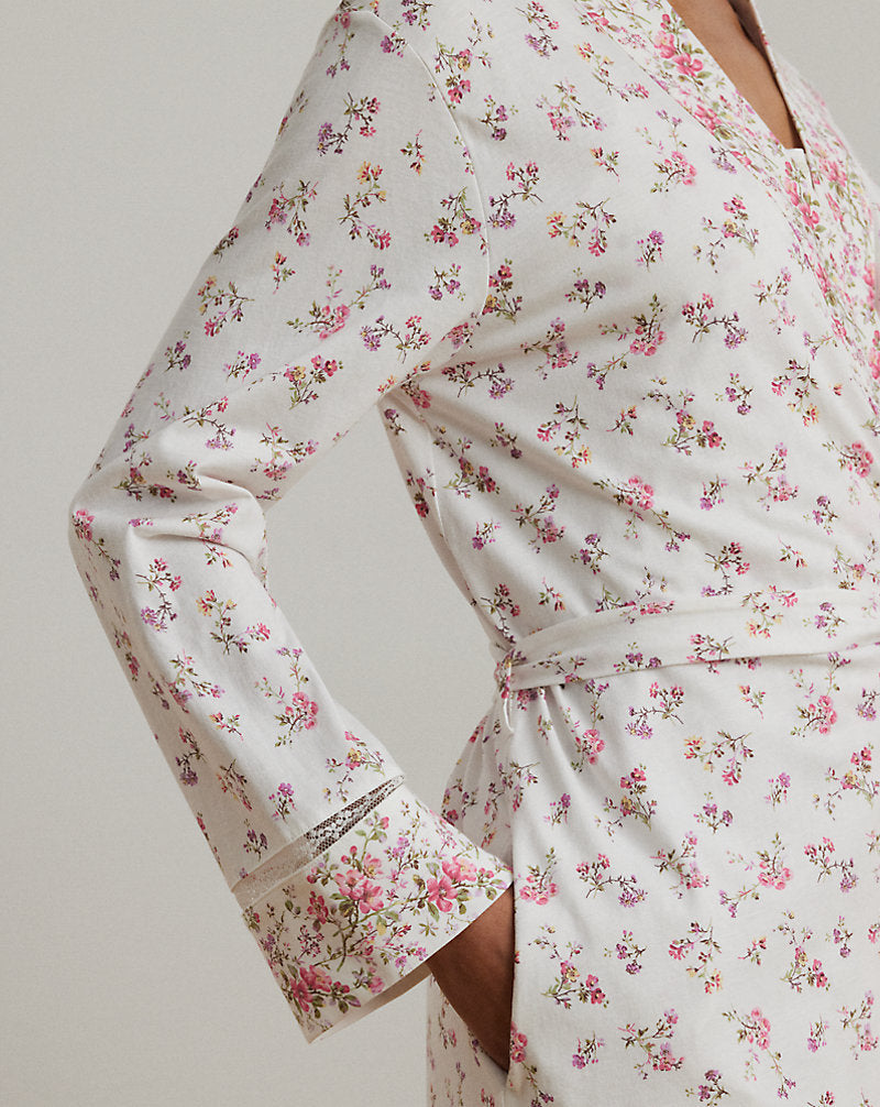 Lace-Trim Floral Cotton Jersey Robe Ivory Floral