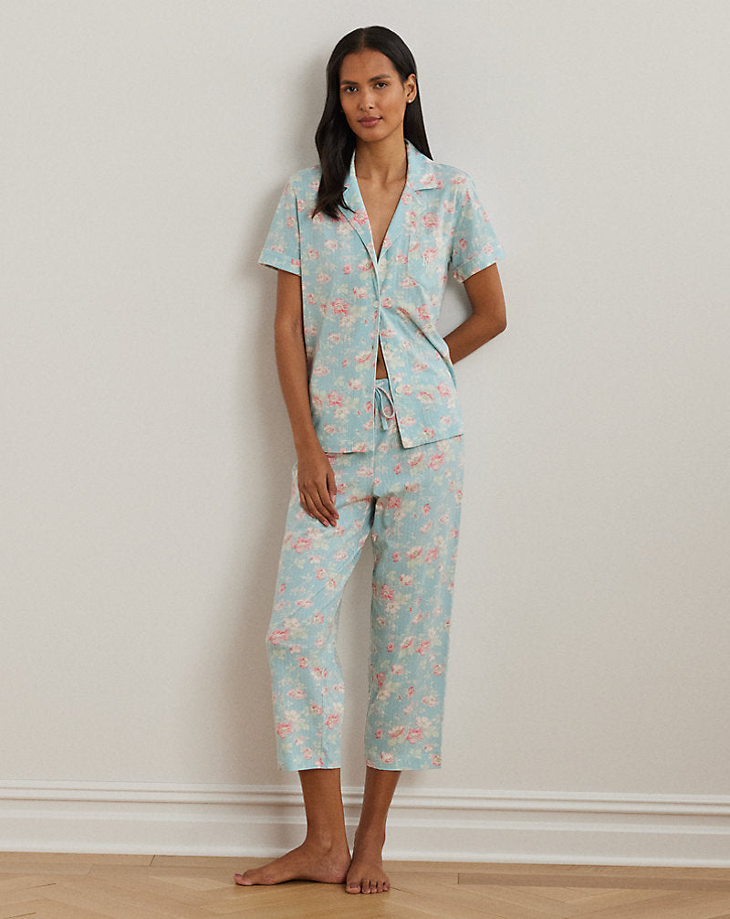 Floral Textured Knit Cropped Sleep Set Blue Floral