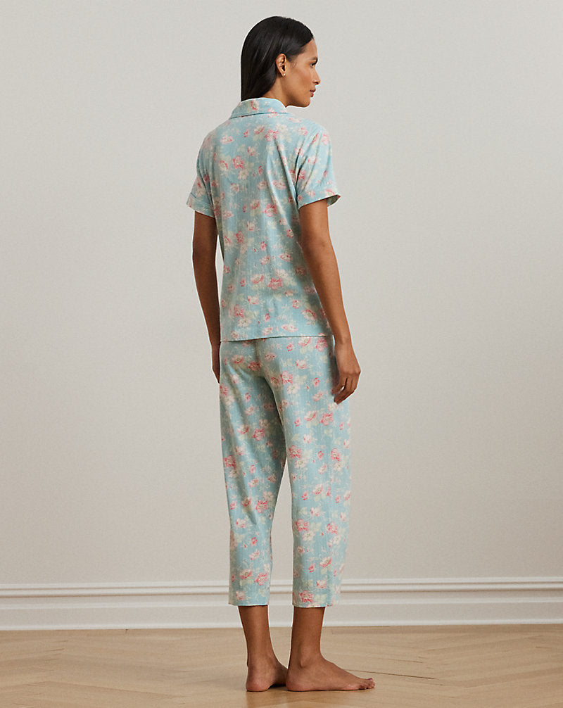 Floral Textured Knit Cropped Sleep Set Blue Floral