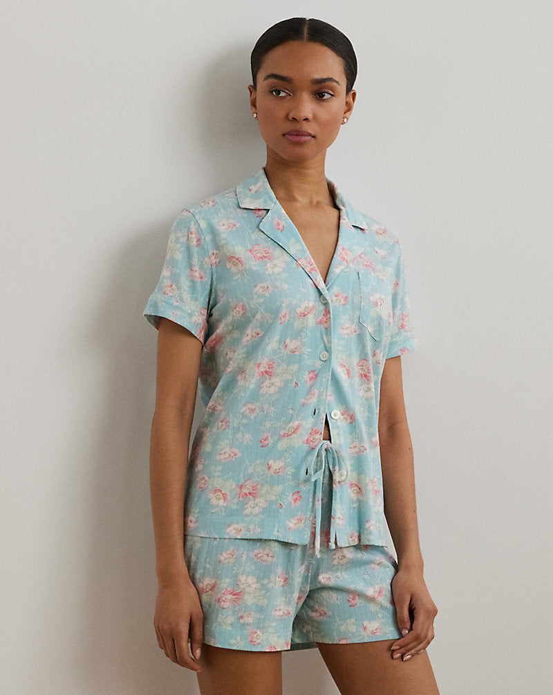 Floral Textured Knit Boxer Sleep Set Blue Floral