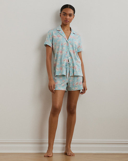 Floral Textured Knit Boxer Sleep Set Blue Floral