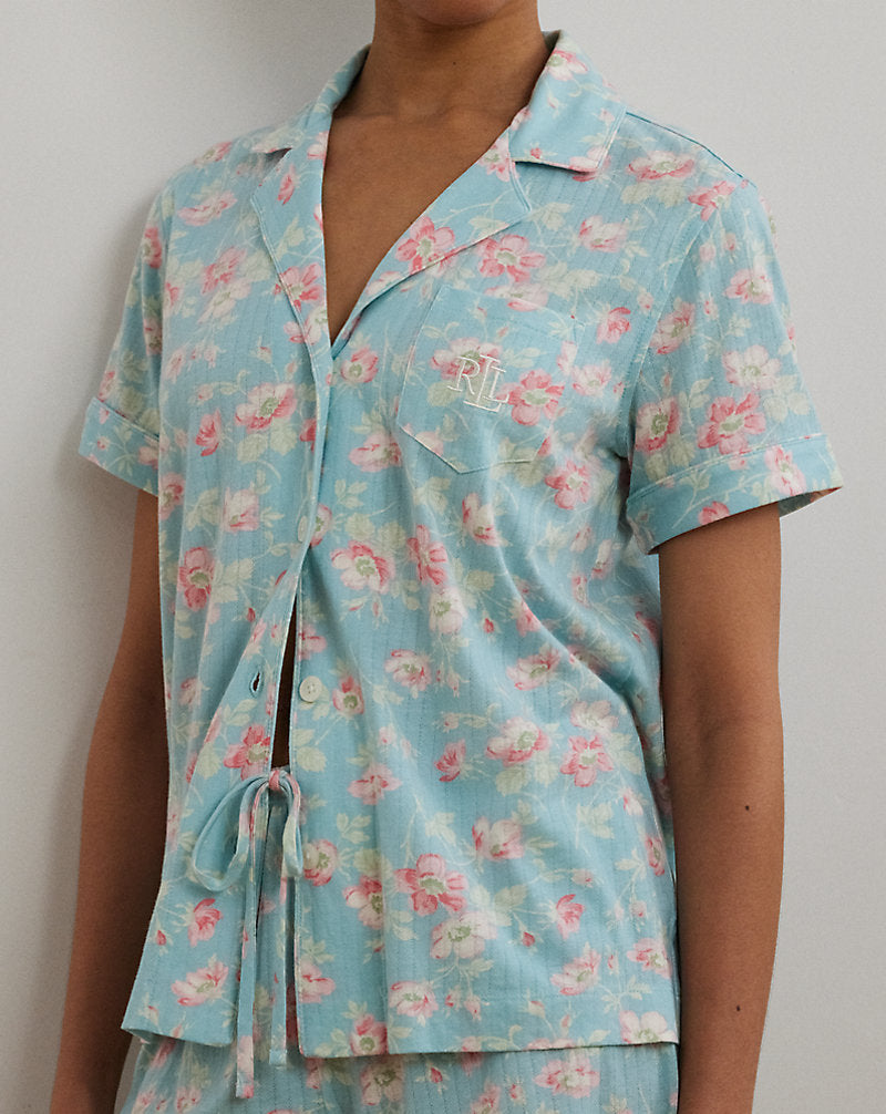 Floral Textured Knit Boxer Sleep Set Blue Floral