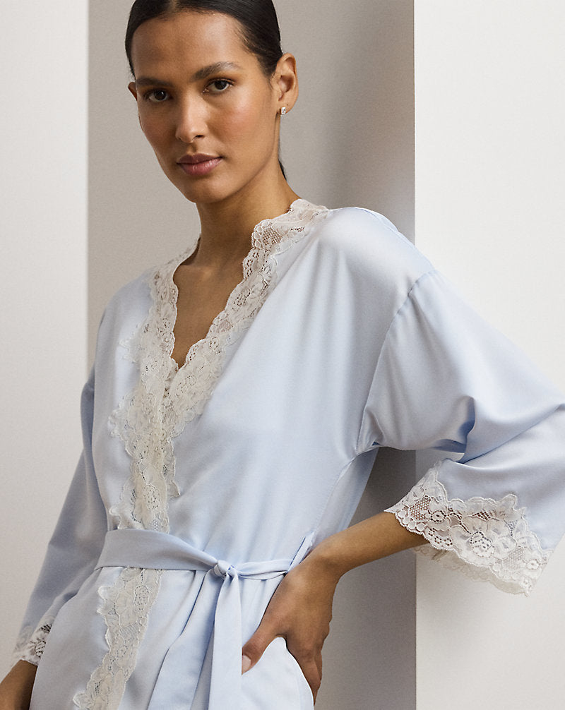 Lace-Trim Satin Robe Blue