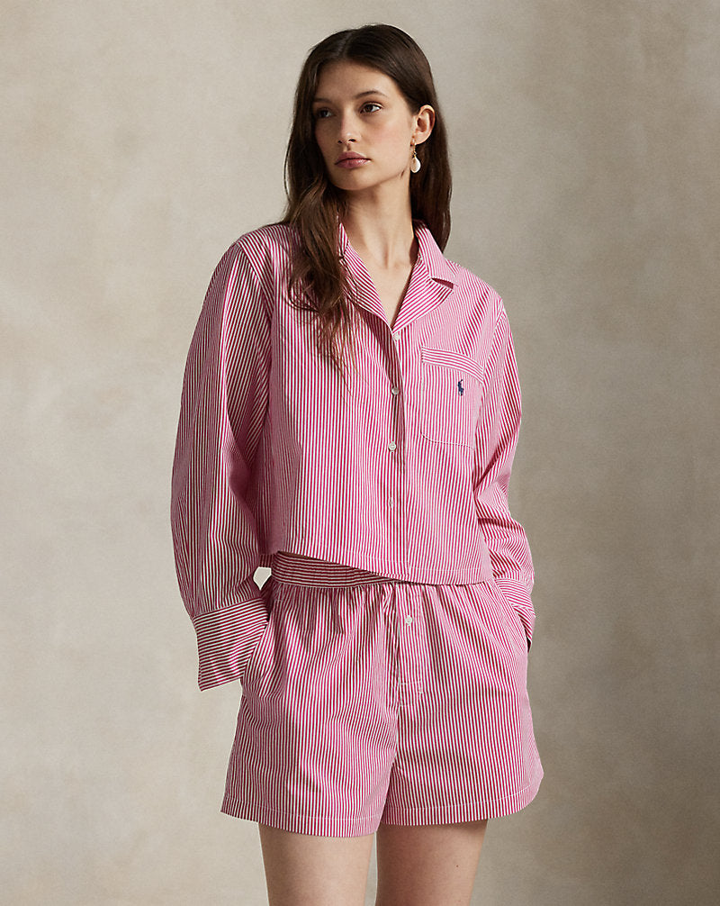 Crop Top & Boxer Striped Cotton PJ Set White Cloud X College Pin