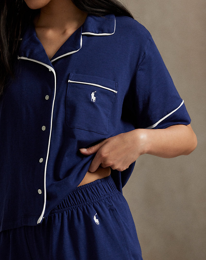 Piped Jersey Short-Sleeve Pyjama Set Navy
