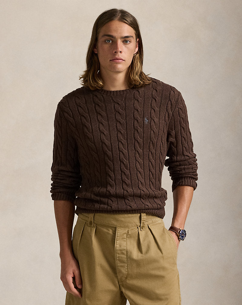 Cable-Knit Cotton Jumper Dark Roast Melange