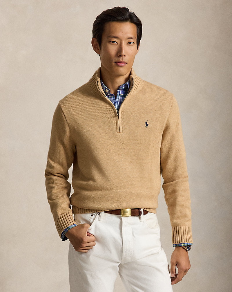 Cotton Quarter-Zip Jumper Camel Melange