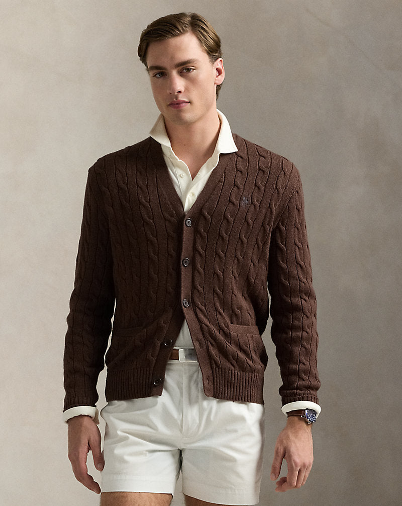 Cable-Knit Cotton Cardigan Dark Roast Melange