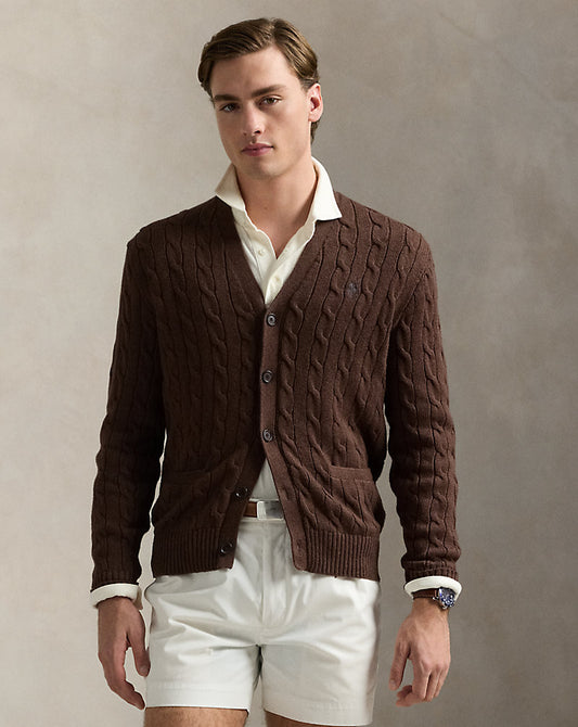 Cable-Knit Cotton Cardigan Dark Roast Melange