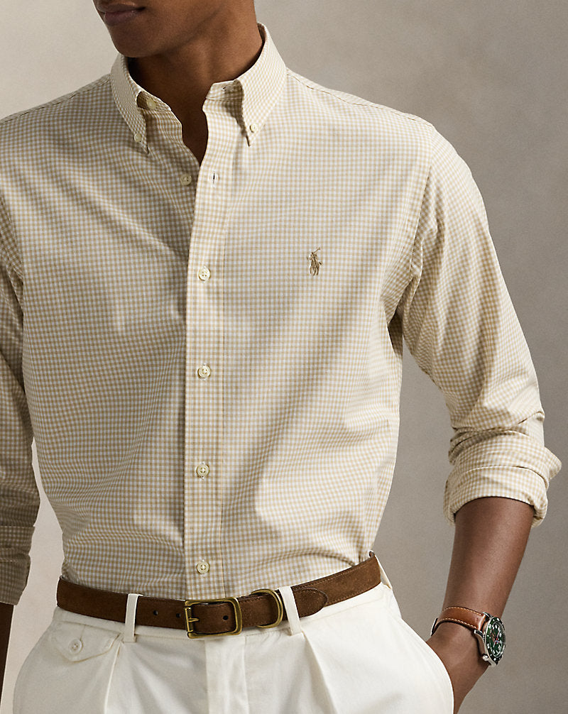 Custom Fit Gingham Stretch Poplin Shirt Coastal Beige/White