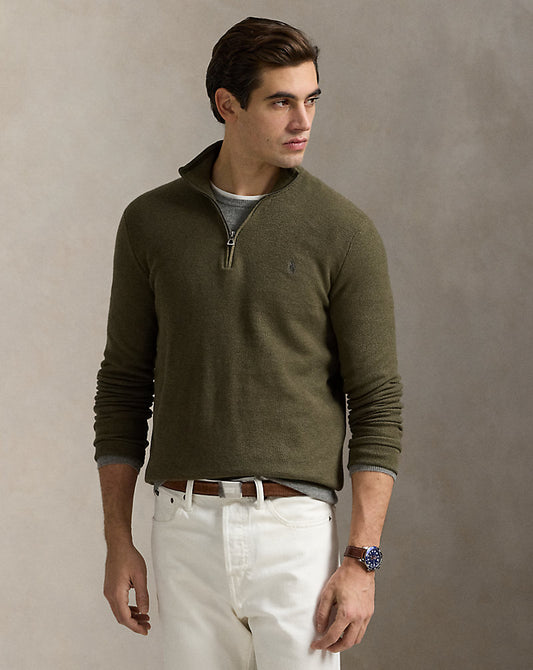 Mesh-Knit Cotton Quarter-Zip Jumper Cargo Olive Hthr