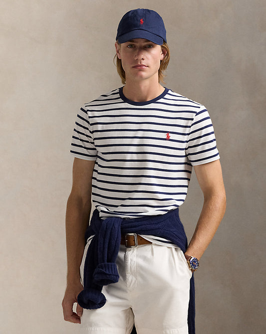 Custom Slim Fit Striped Jersey T-Shirt White/Newport Navy