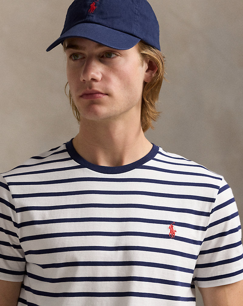 Custom Slim Fit Striped Jersey T-Shirt White/Newport Navy