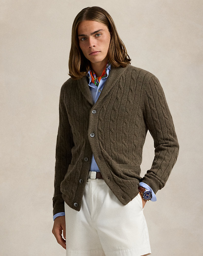Cable-Knit Cashmere Shawl Cardigan Cargo Olive Hthr