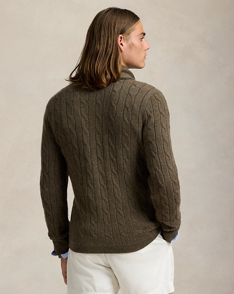 Cable-Knit Cashmere Shawl Cardigan Cargo Olive Hthr