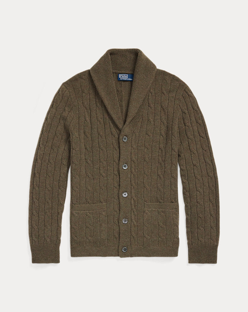 Cable-Knit Cashmere Shawl Cardigan Cargo Olive Hthr
