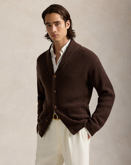 Textured Wool-Cashmere Shawl Cardigan Dark Roast Melange