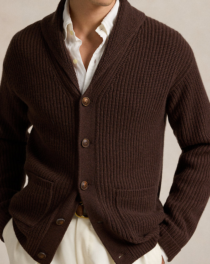 Textured Wool-Cashmere Shawl Cardigan Dark Roast Melange