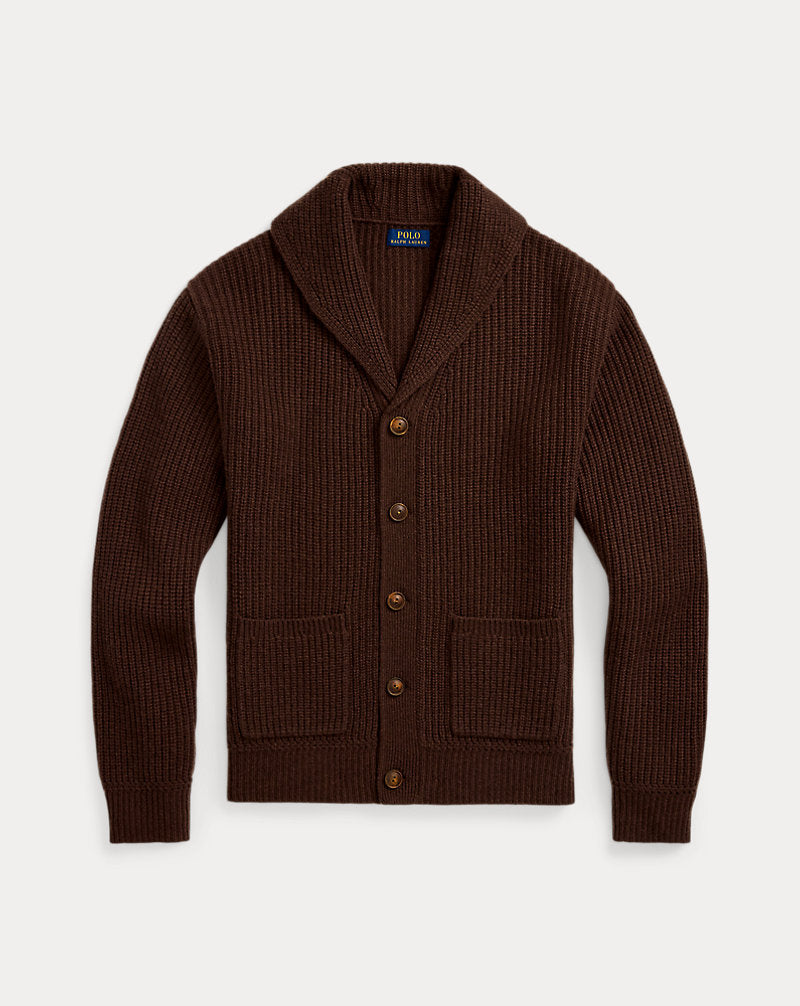 Textured Wool-Cashmere Shawl Cardigan Dark Roast Melange