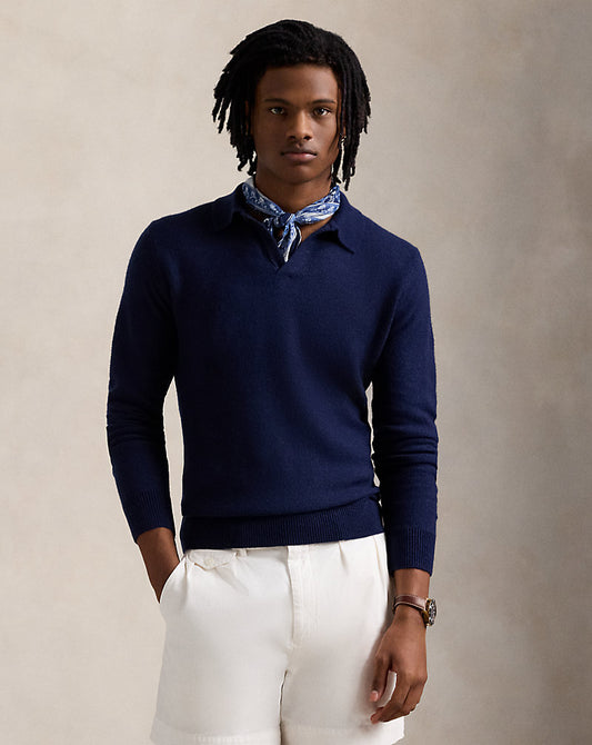 Linen-Cashmere Johnny-Collar Jumper Navy Combo