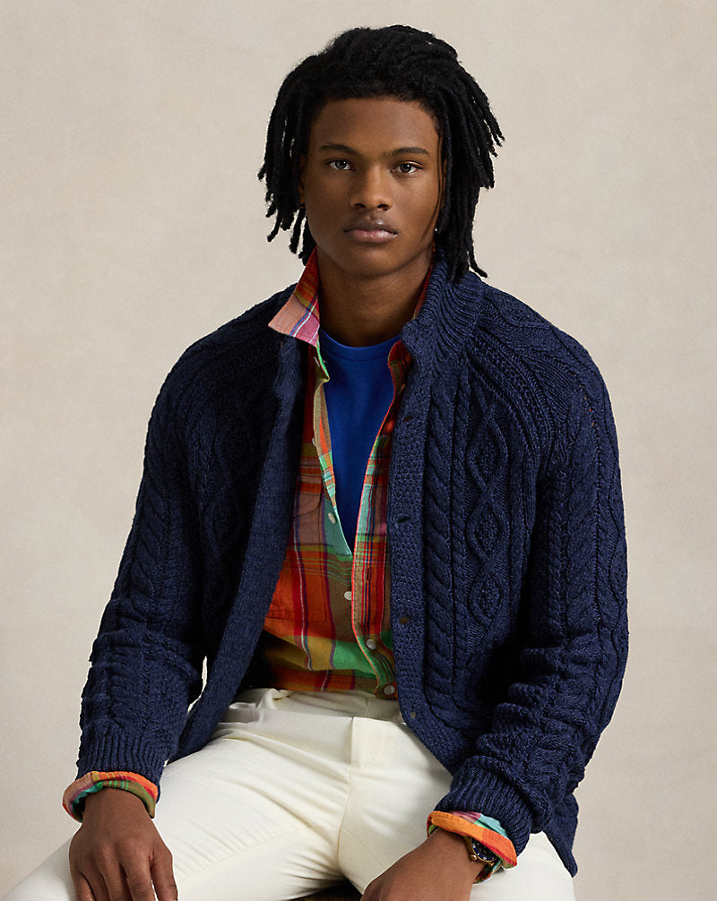 Aran-Knit Marled Cotton Cardigan Navy Combo