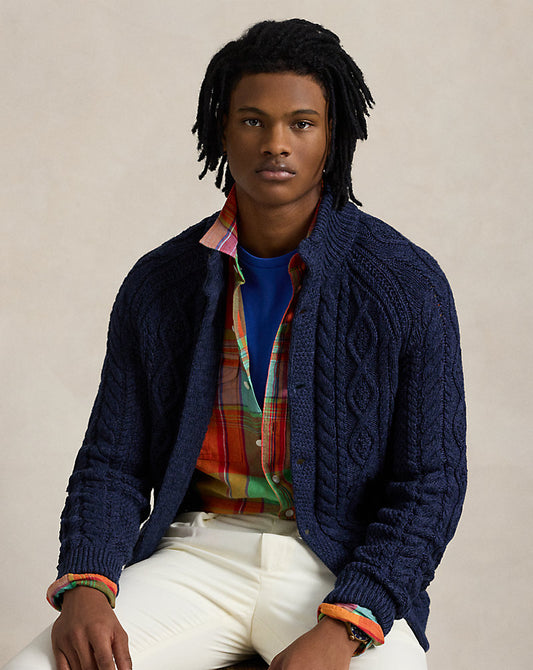 Aran-Knit Marled Cotton Cardigan Navy Combo