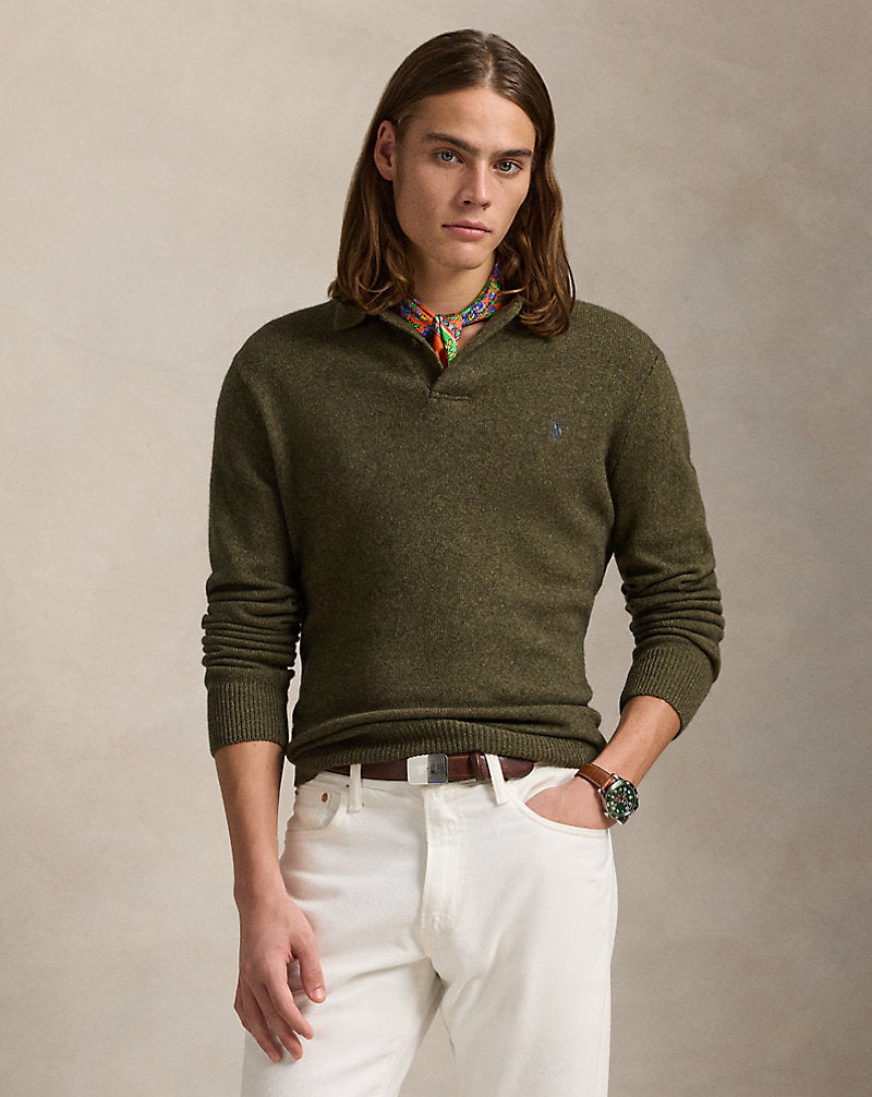 Wool-Cotton Polo Collar Jumper Cargo Olive Hthr