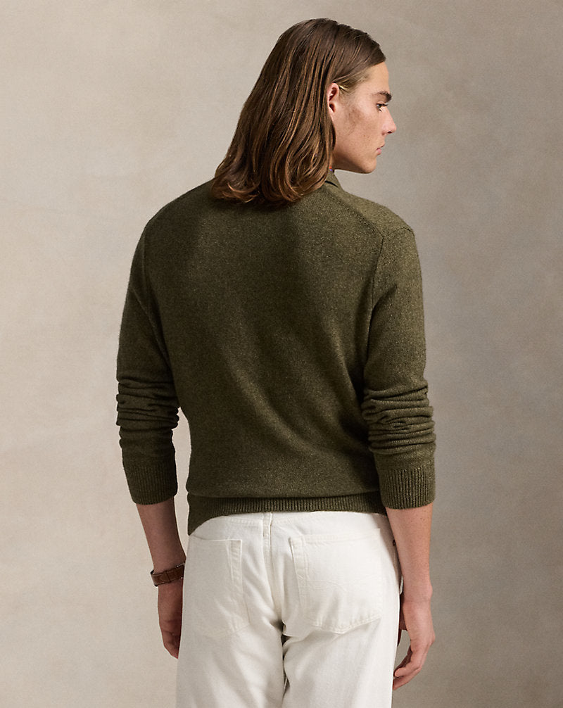 Wool-Cotton Polo Collar Jumper Cargo Olive Hthr