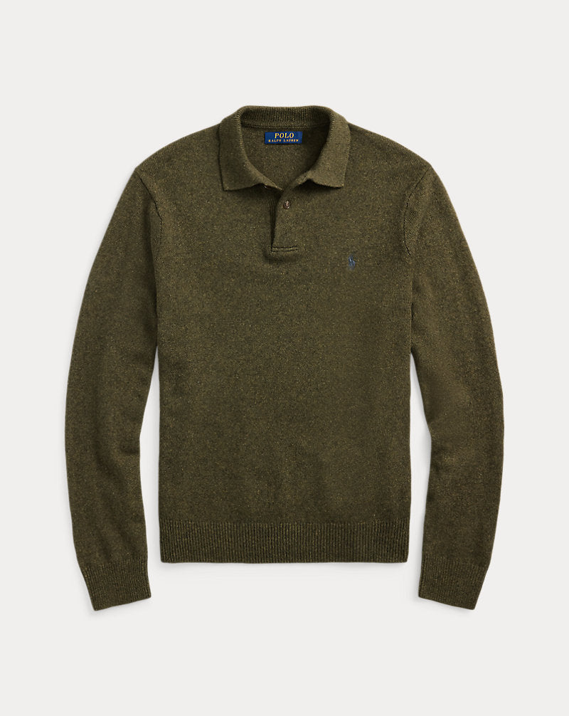 Wool-Cotton Polo Collar Jumper Cargo Olive Hthr