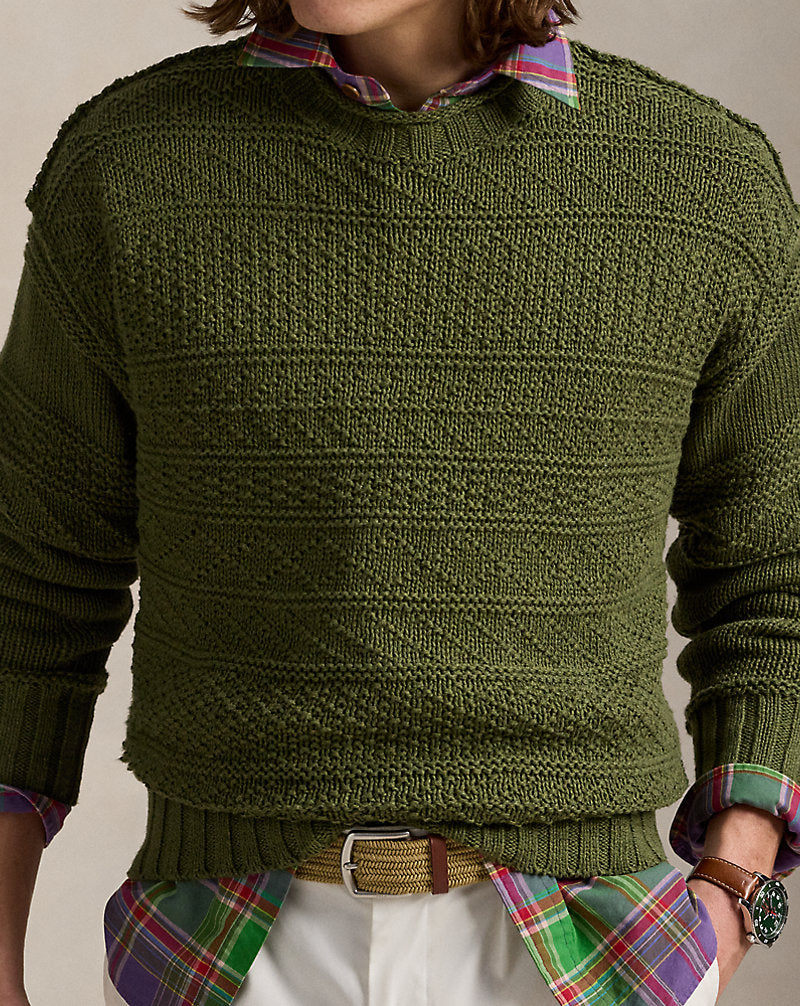 Textured Linen-Cotton Jumper Olive Combo