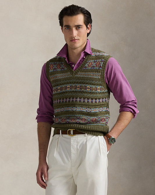 Fair Isle Linen-Blend Sleeveless Jumper Olive Combo