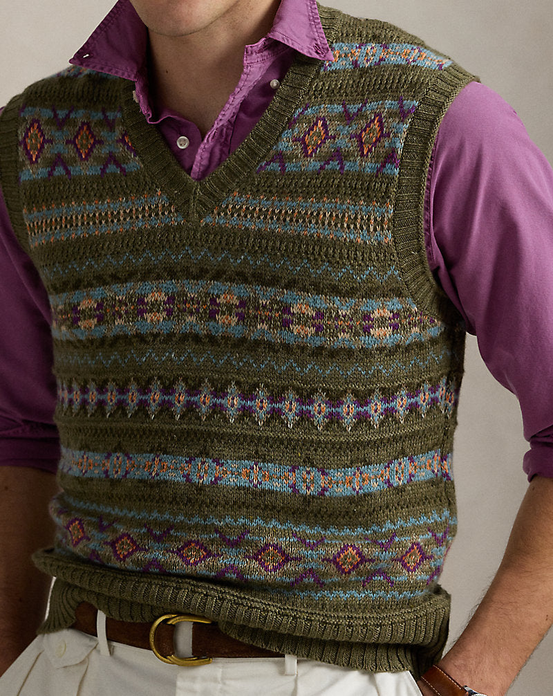 Fair Isle Linen-Blend Sleeveless Jumper Olive Combo