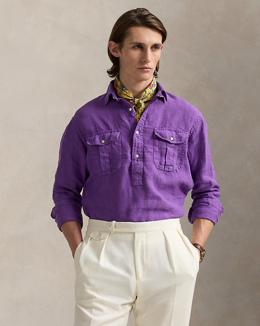 Classic Fit Linen Popover Workshirt Tie Purple