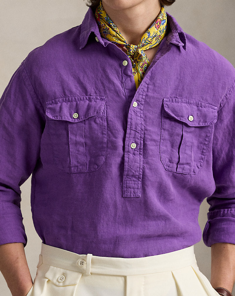 Classic Fit Linen Popover Workshirt Tie Purple