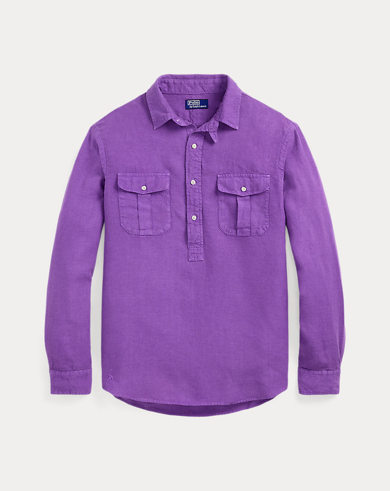 Classic Fit Linen Popover Workshirt Tie Purple