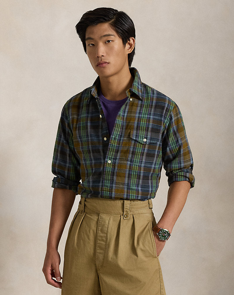Classic Fit Madras Popover Shirt 6591 Navy Brown Multi