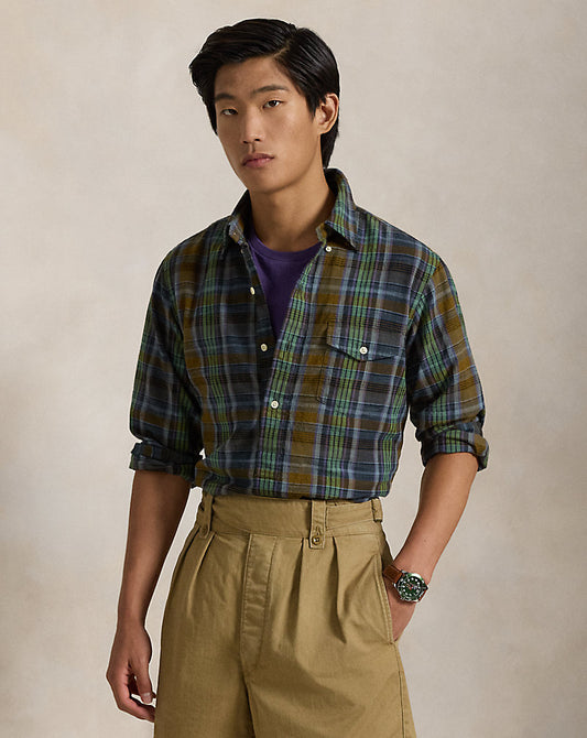 Classic Fit Madras Popover Shirt 6591 Navy Brown Multi