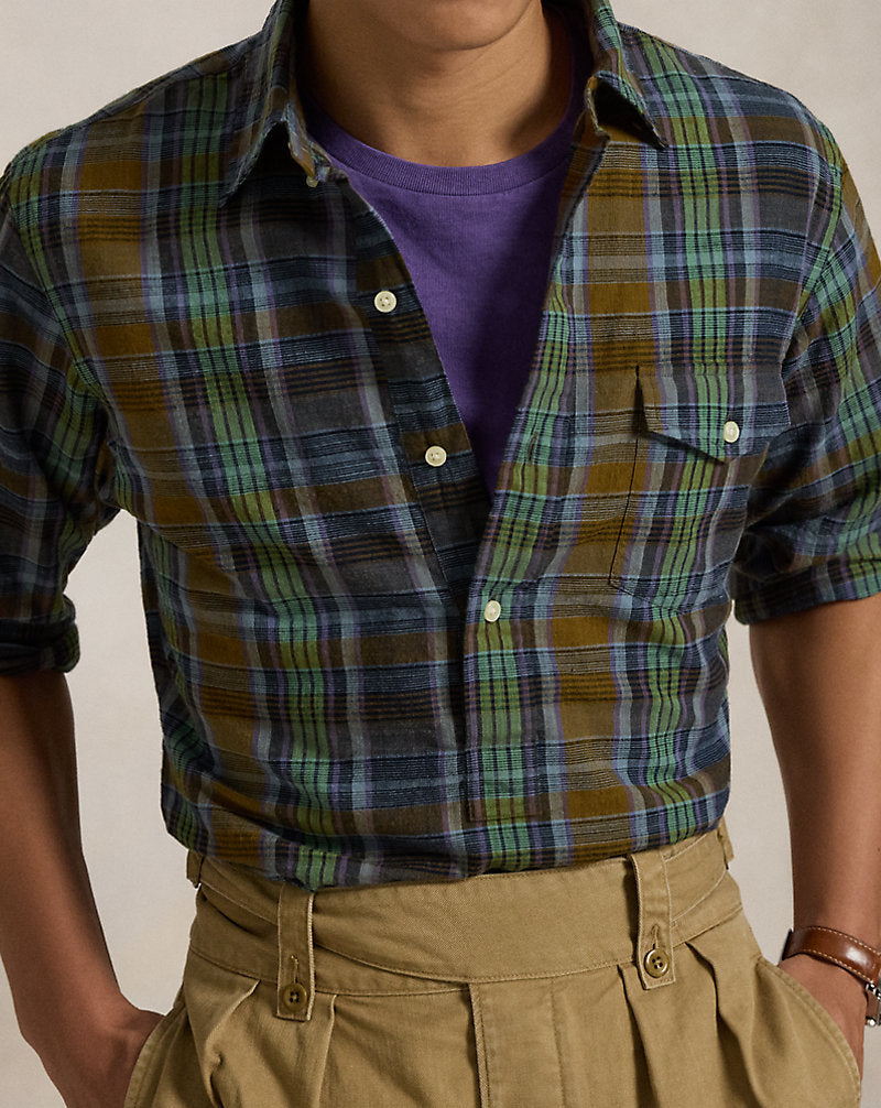 Classic Fit Madras Popover Shirt 6591 Navy Brown Multi