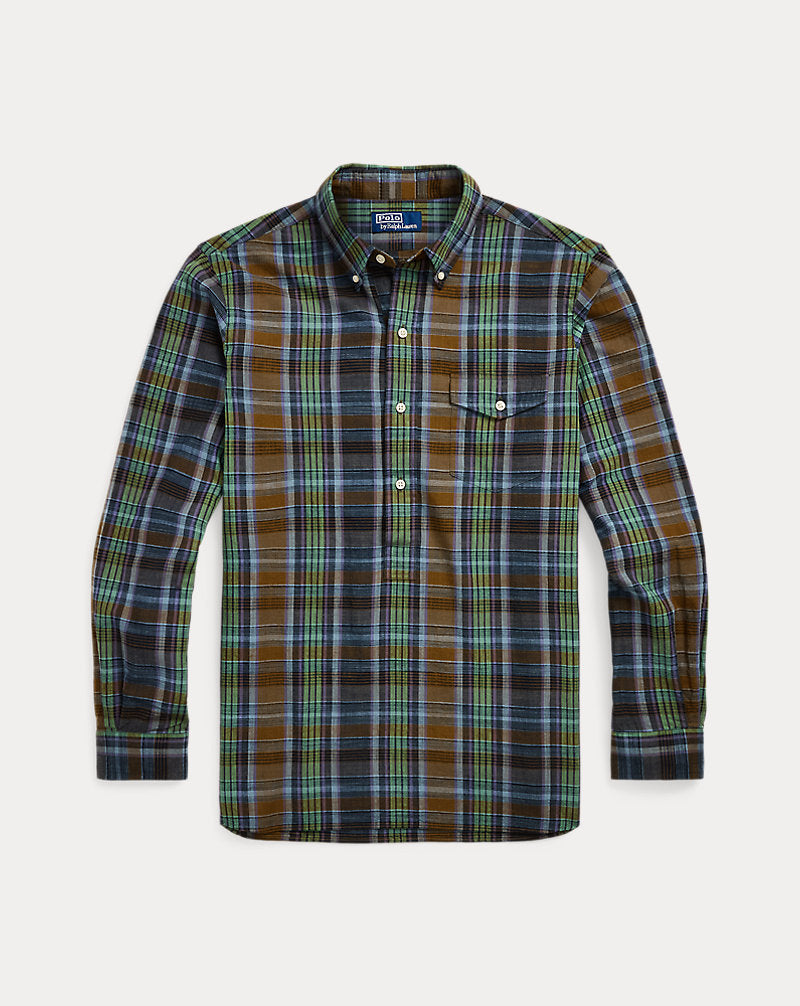 Classic Fit Madras Popover Shirt 6591 Navy Brown Multi