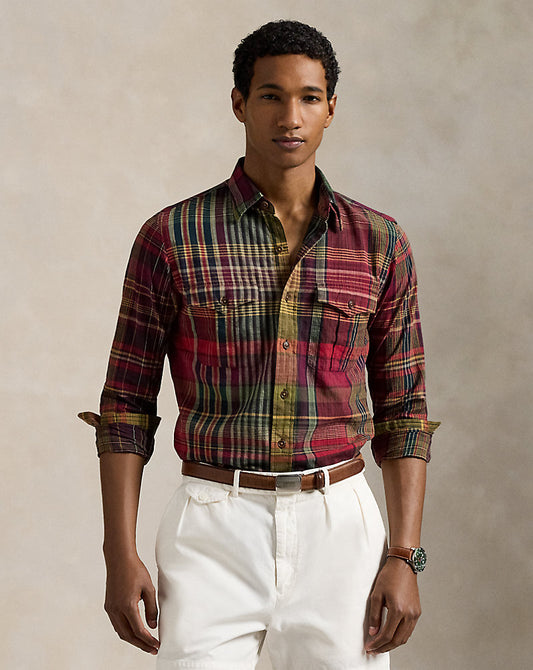 Classic Fit Plaid Madras Workshirt Red Yellow Multi