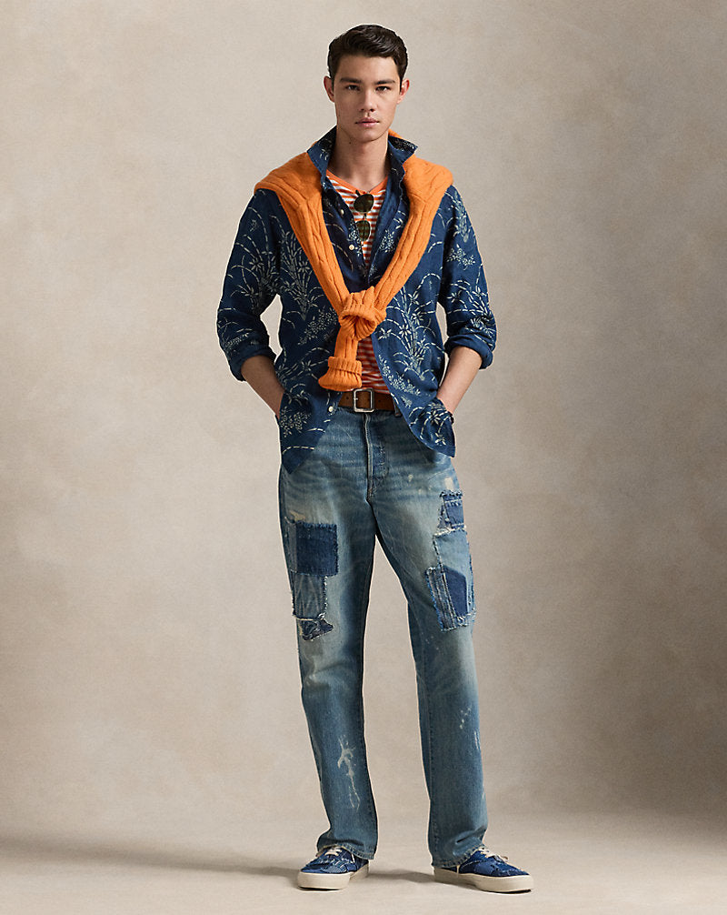 Classic Fit Indigo Floral Linen Shirt Spring Flower