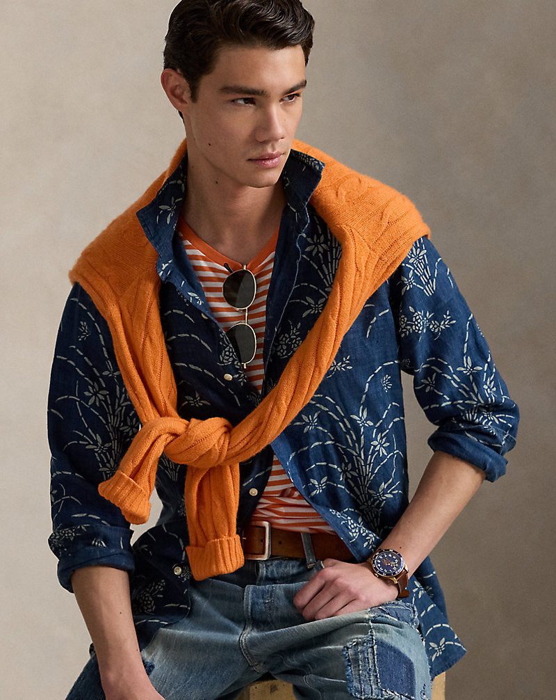 Classic Fit Indigo Floral Linen Shirt Spring Flower