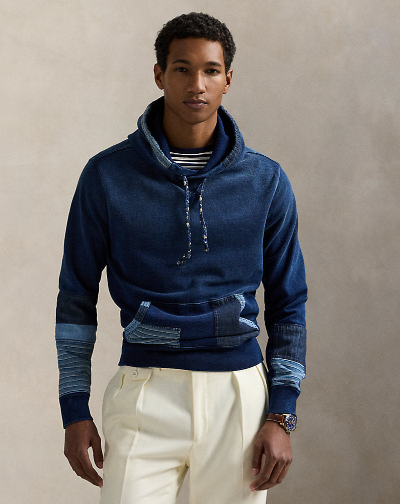 Indigo French Terry Patchwork Hoodie Dark Indigo Multi