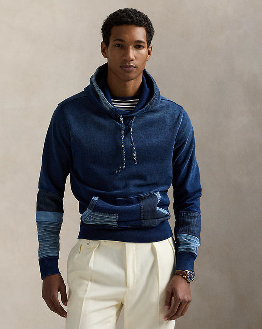 Indigo French Terry Patchwork Hoodie Dark Indigo Multi