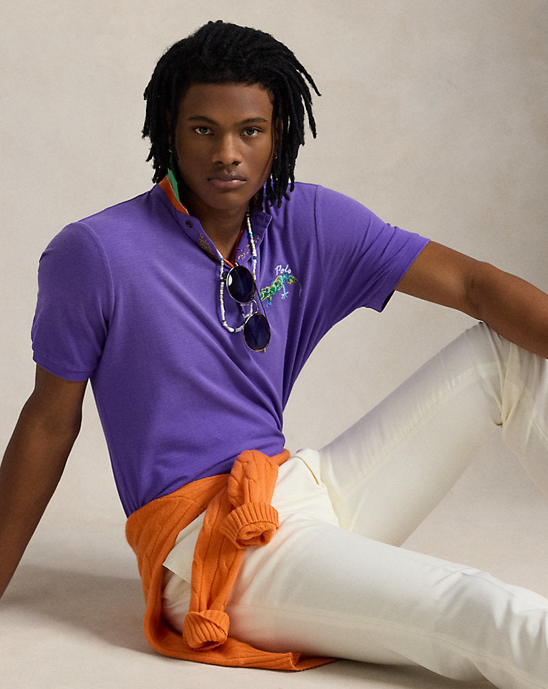 Classic Fit Embroidered Mesh Polo Shirt Tie Purple
