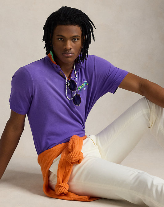 Classic Fit Embroidered Mesh Polo Shirt Tie Purple