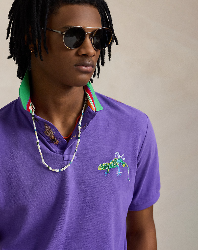 Classic Fit Embroidered Mesh Polo Shirt Tie Purple