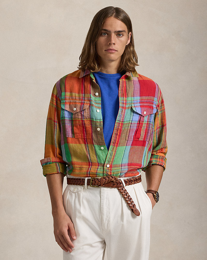 Classic Fit Plaid Linen Workshirt Red Orange Multi