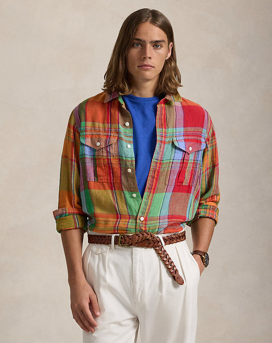 Classic Fit Plaid Linen Workshirt Red Orange Multi
